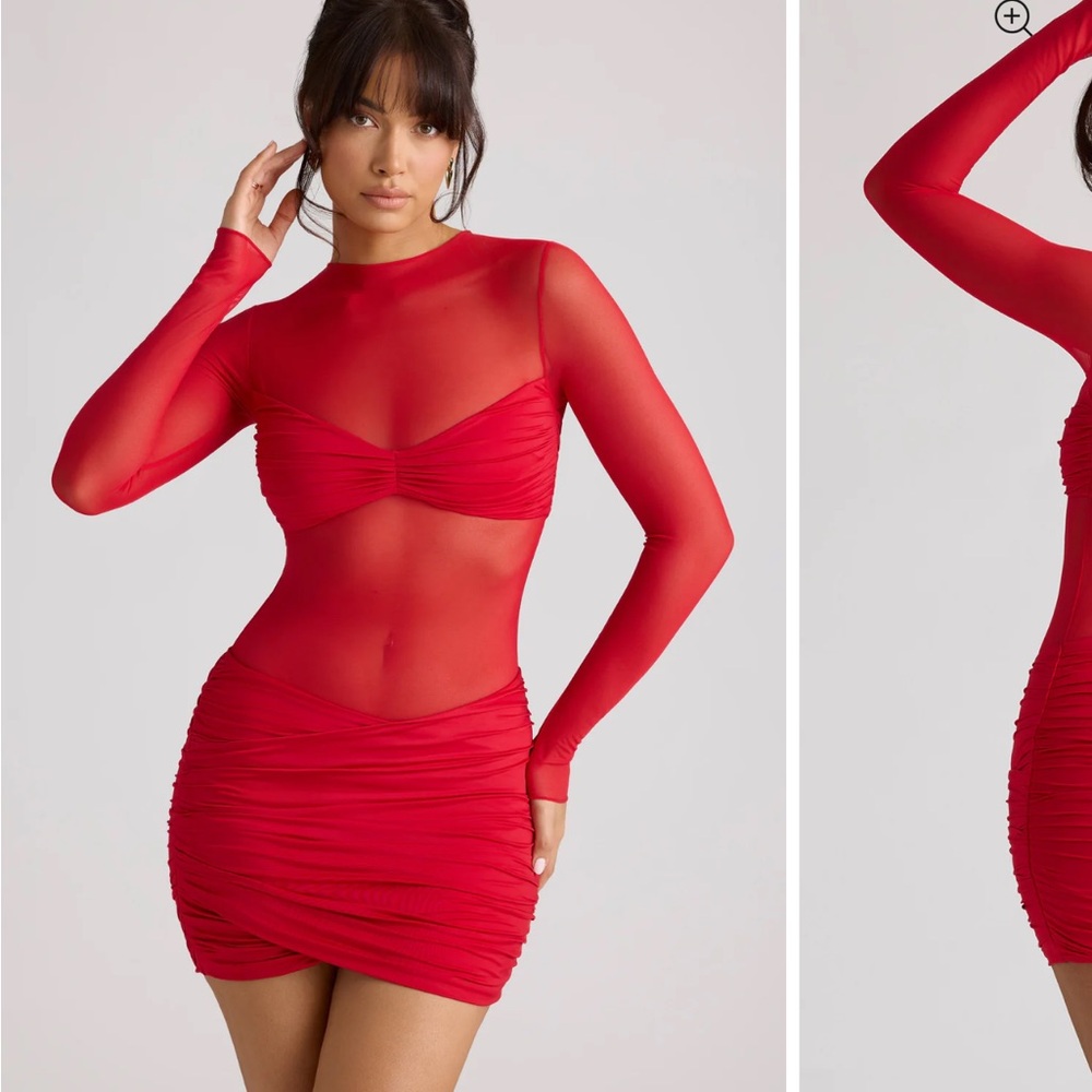 Oh Polly Essie Sheer Mini Dress Fire Red